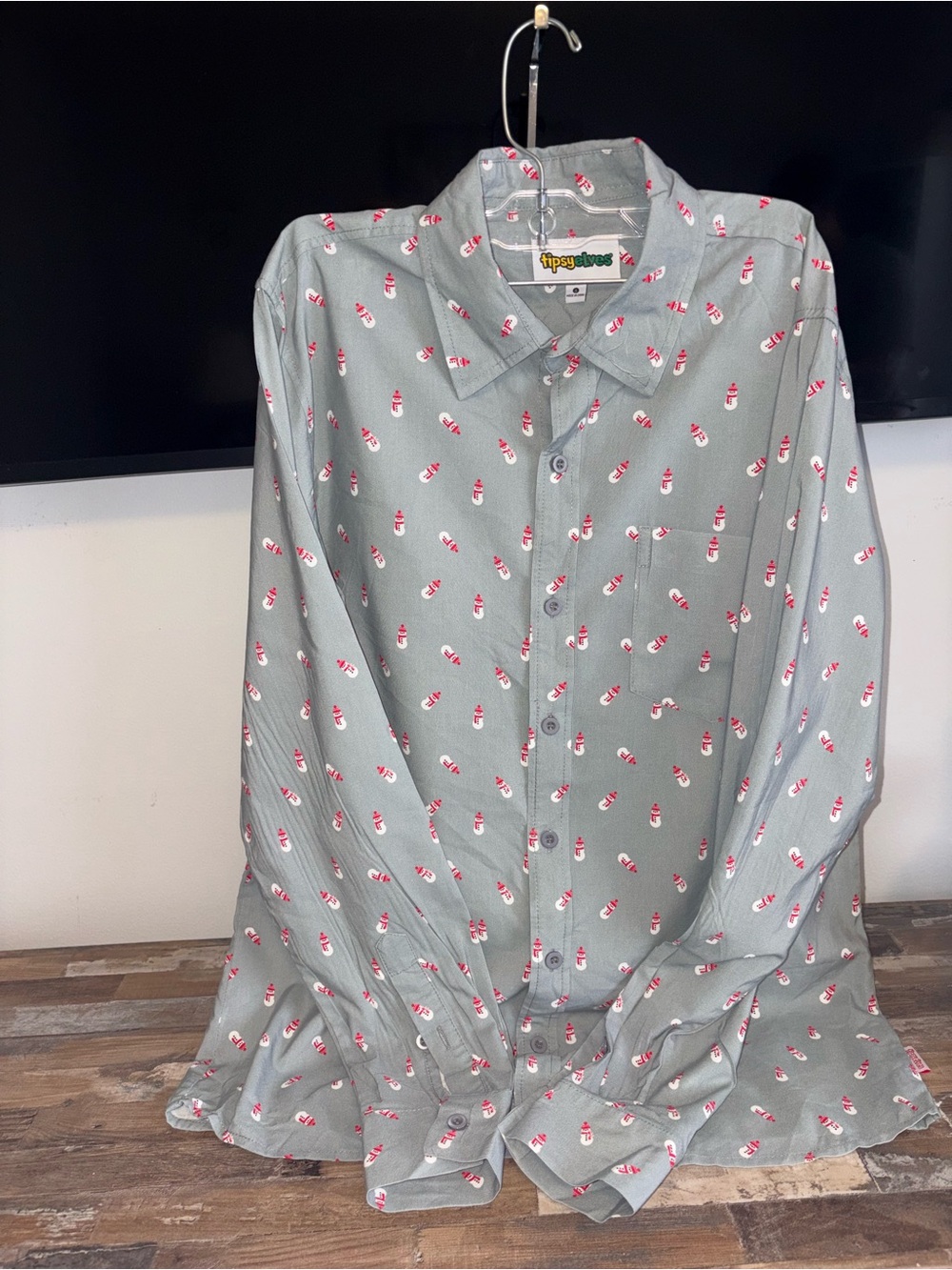 Tipsy Elves Gray Button-Up Shirt with Red Snowman Motif